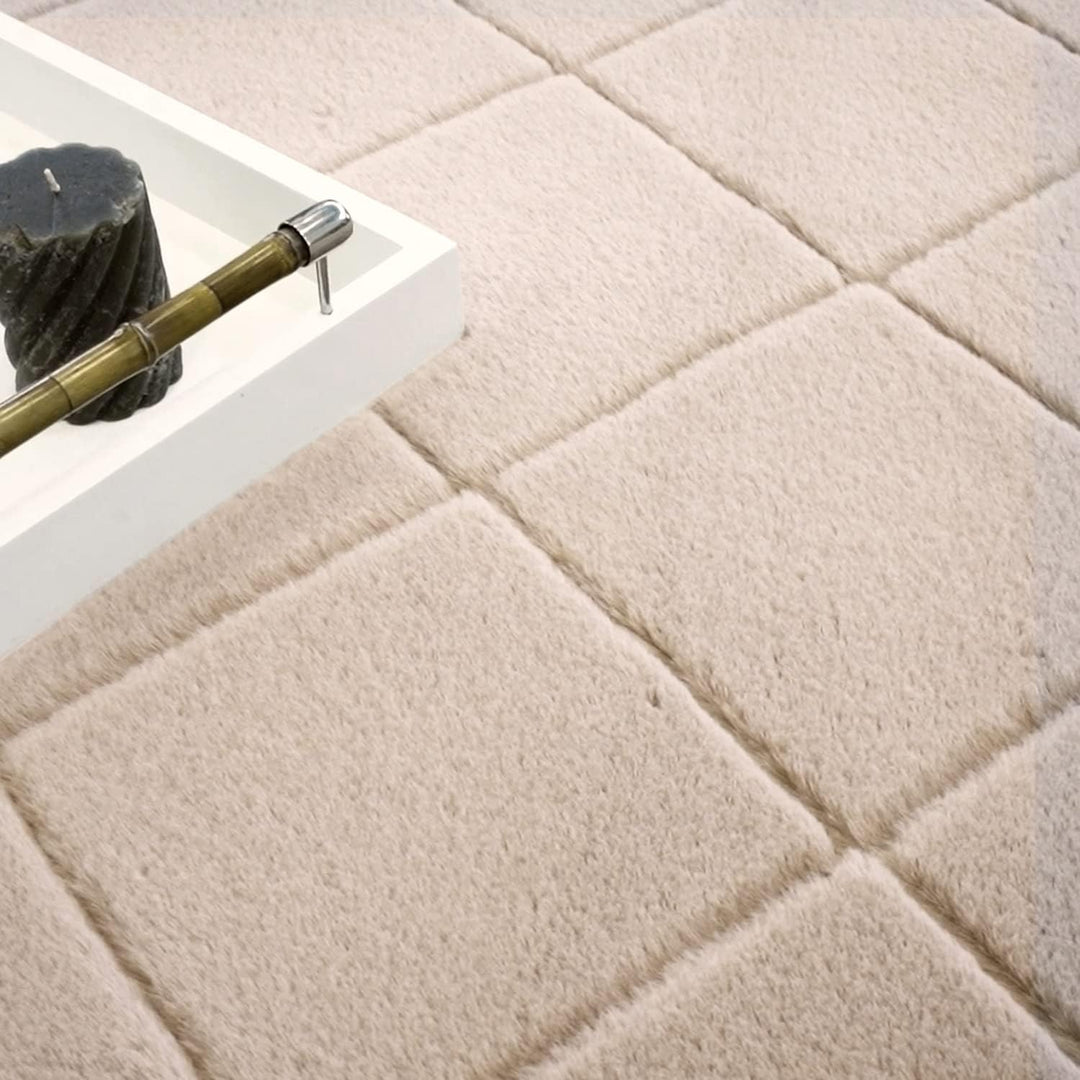 payé Teppich - Wohnzimmer Kuschwelweich 80x150cm Beige Flauschig Karo Muster Modern Deko Teppiche We