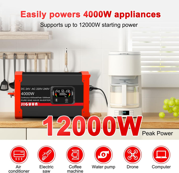 JIGUUN 1500W Spannungswandler 12V auf 230V Reiner Sinus Wechselrichter mit LCD-Anzeige,AKabellose Fe