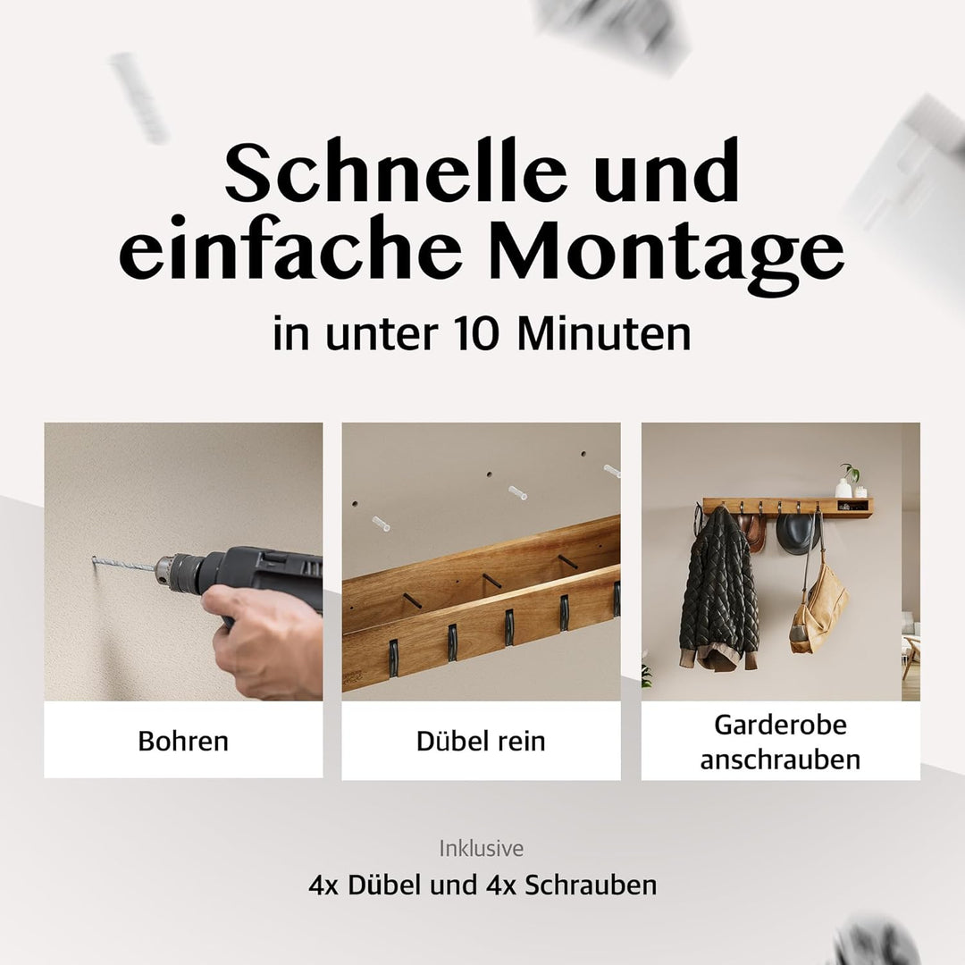 Wandgarderobe Holz – 4in1 Garderobe mit Ablage, Kleiderstangen, Kleiderhaken & Brillenhalter – 100cm