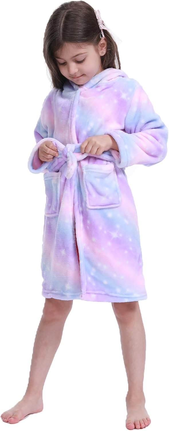 Bademantel für Mädchen, Weicher Flanell Schlafanzug mit Kapuze, Warme Kinder Hausbekleidung für 3-11