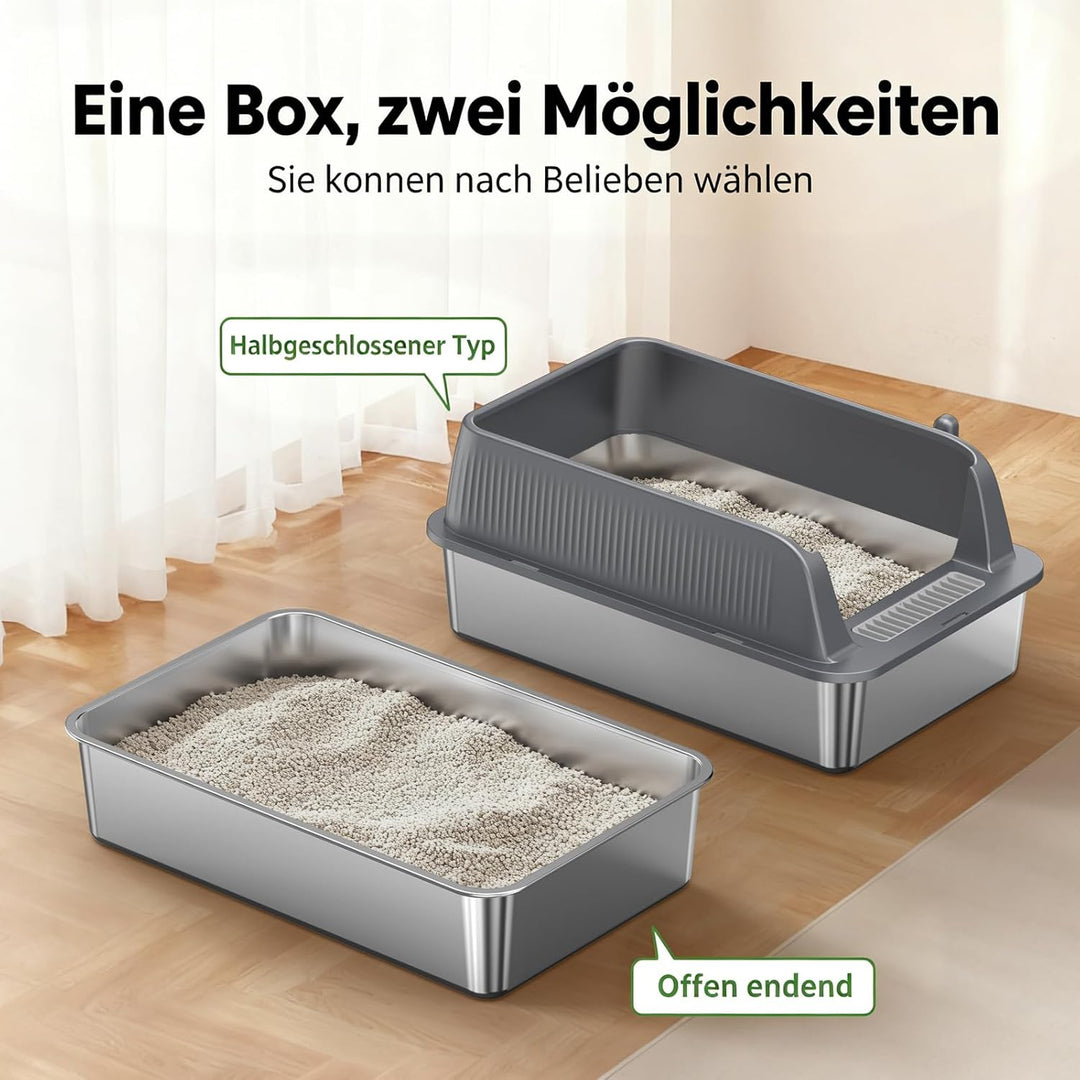 Edelstahl Offene Katzentoilette – extra grosse Katzentoilette mit hohen Seitenwänden für grosse Katz