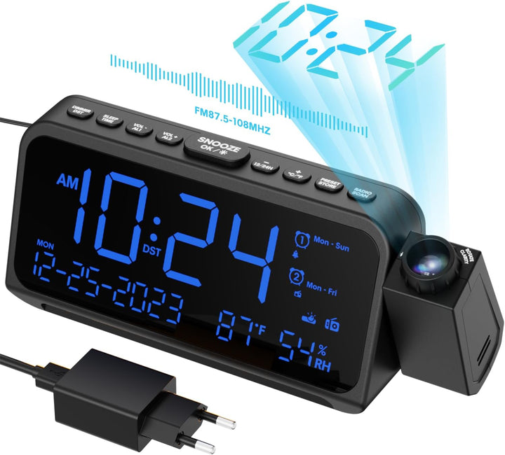 ROCAM Radiowecker mit Projektion, Projektionswecker für Schlafzimmer, Digital Uhr, Dimmer, Typ-C USB