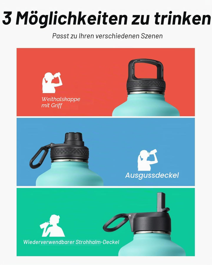 Isolierte Wasserflasche 2L, Coolflask Wasserflasche mit Strohhalm & 3 Deckeln, Edelstahl Isolierte t