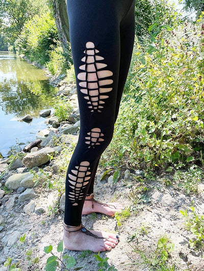 Cut Out Leggings mit 3 Mustern an jedem Bein Schlitzen Elfen Feen Goa Psychedelic Leggins (M), M