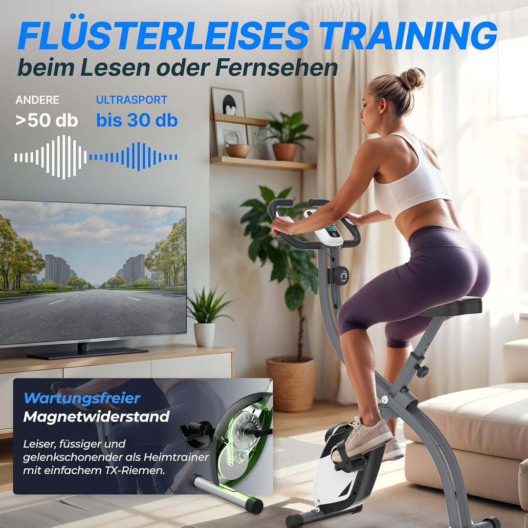 Ultrasport F-Bike 150/200, Heimtrainer, 8 Widerstandsstufen, Tablethalterung, Handpulssensoren, falt