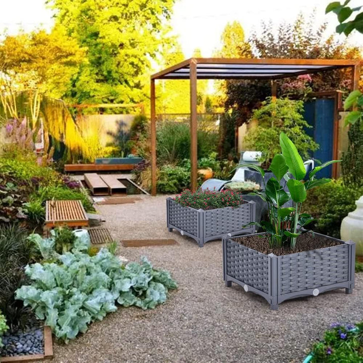 Mingone Blumentopf Rattan Optik aus Kunststoff Blumenkasten Balkonkasten mit Wasserspeicher Pflanzka