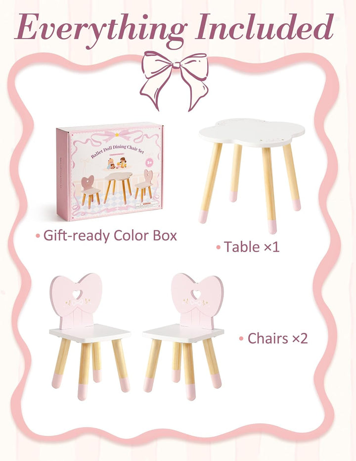 ROBOTIME Holz Puppen Küche Esstisch und 2 Stühle Set, Puppen Esszimmer Set, Holz Puppenmöbel für 16-