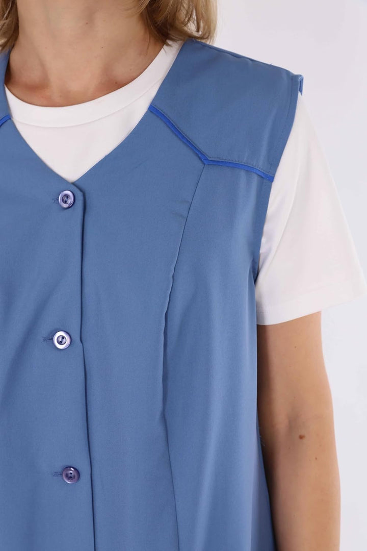 Damenkittel ohne Arm Kochschürze Kittel Schürze Knopfkittel einfarbig Hauskleid 44 Blau, 44 Blau