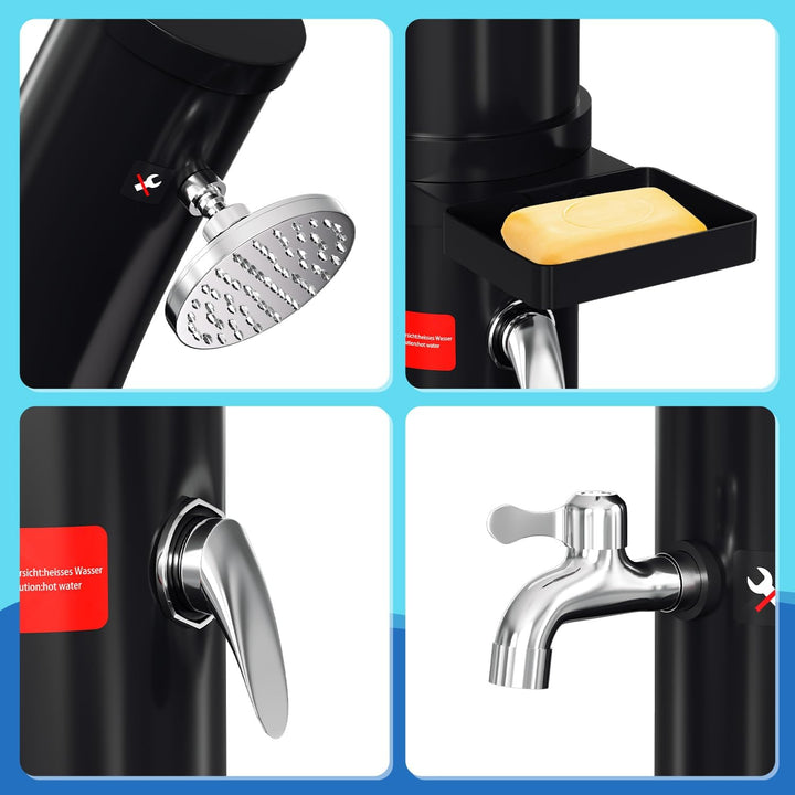 Solardusche 35L Curve Gartendusche mit 360°Regenduschkopf und Wasserhahn, Warmes Wasser Max. 60℃, oh