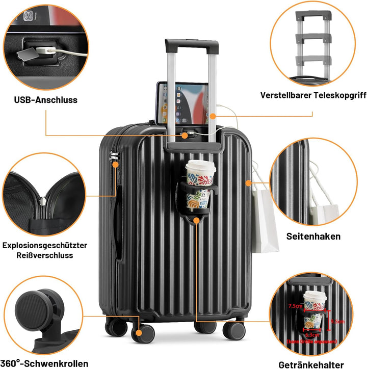 TIYFIY Kofferset 4 Teilig Hartschale Koffer Set mit Kosmetikkoffer Gepäcksets mit Getränkehalter USB