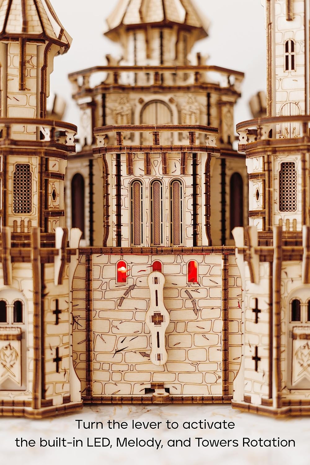 Wood Trick Dragon Castle Moveable Wooden 3D Puzzles for Adults and Kids to Build - Red LED - Greensl