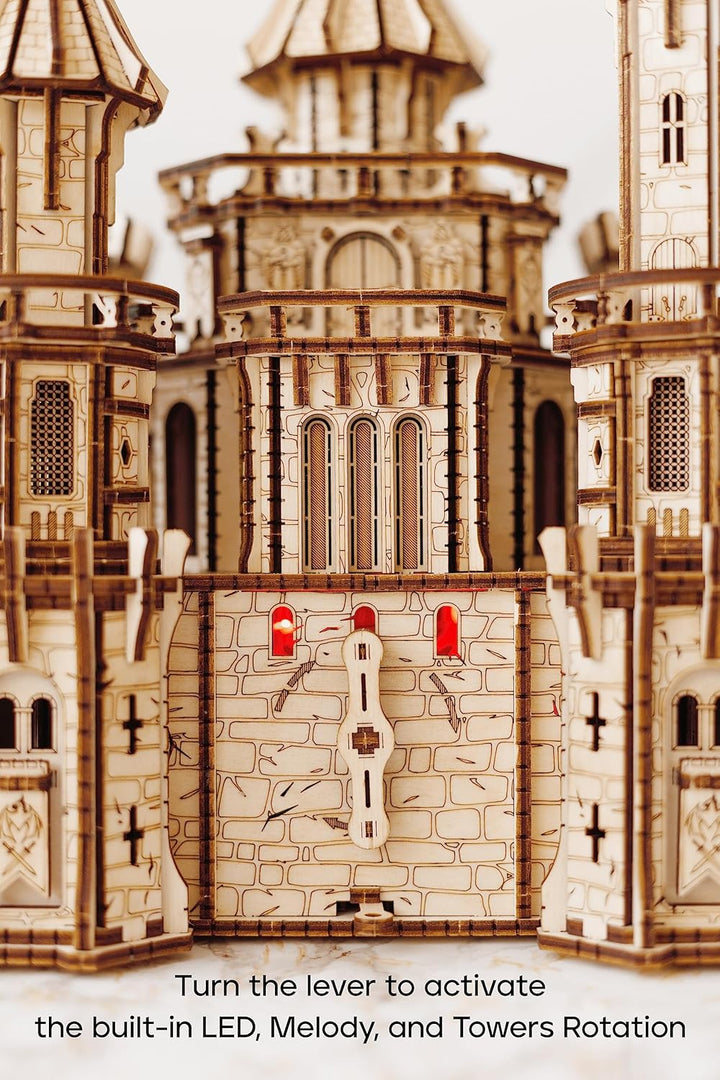 Wood Trick Dragon Castle Moveable Wooden 3D Puzzles for Adults and Kids to Build - Red LED - Greensl
