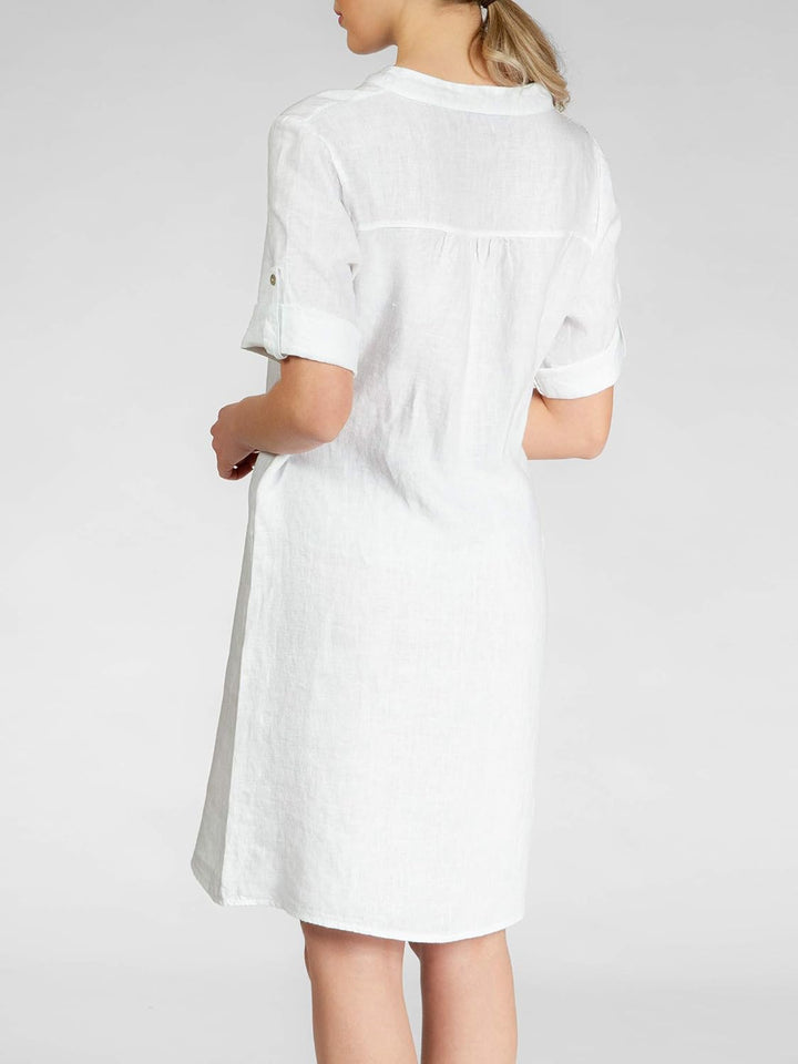 Caspar SKL037 stylisches knielanges Damen Sommer Leinenkleid mit Reissverschluss Ausschnitt 36 Weiss