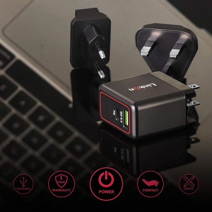 LinkOn Ganius 65W Wand-Ladegerät GaN Tech 65W USB-C PD3.0 PPS und 18W USB-A QC4.0+ Kompatibel mit Ma
