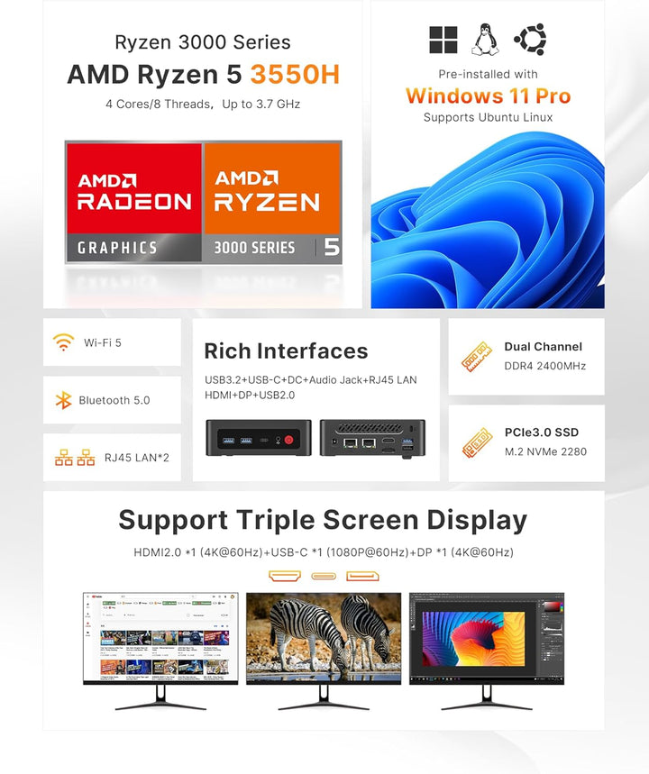 BOSGAME P4 Plus Dual 2,5G LAN Mini-PC, AMD Ryzen 7 5825U Prozessor (bis zu 4,5 GHz), Windows 11 Pro