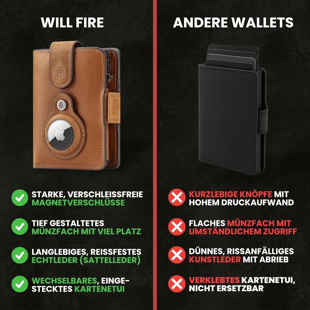 Will Fire® AirTag Wallet | Inkl. Anhänger | Echtleder Geldbörse mit Münz- & Scheinfach | Extra gesic