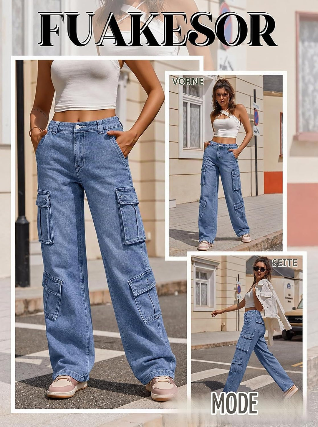 Cargohose Damen Baggy Y2K Multi Taschen High Waist Stretch Wanderhose Sport Jogginghose mit Elastisc