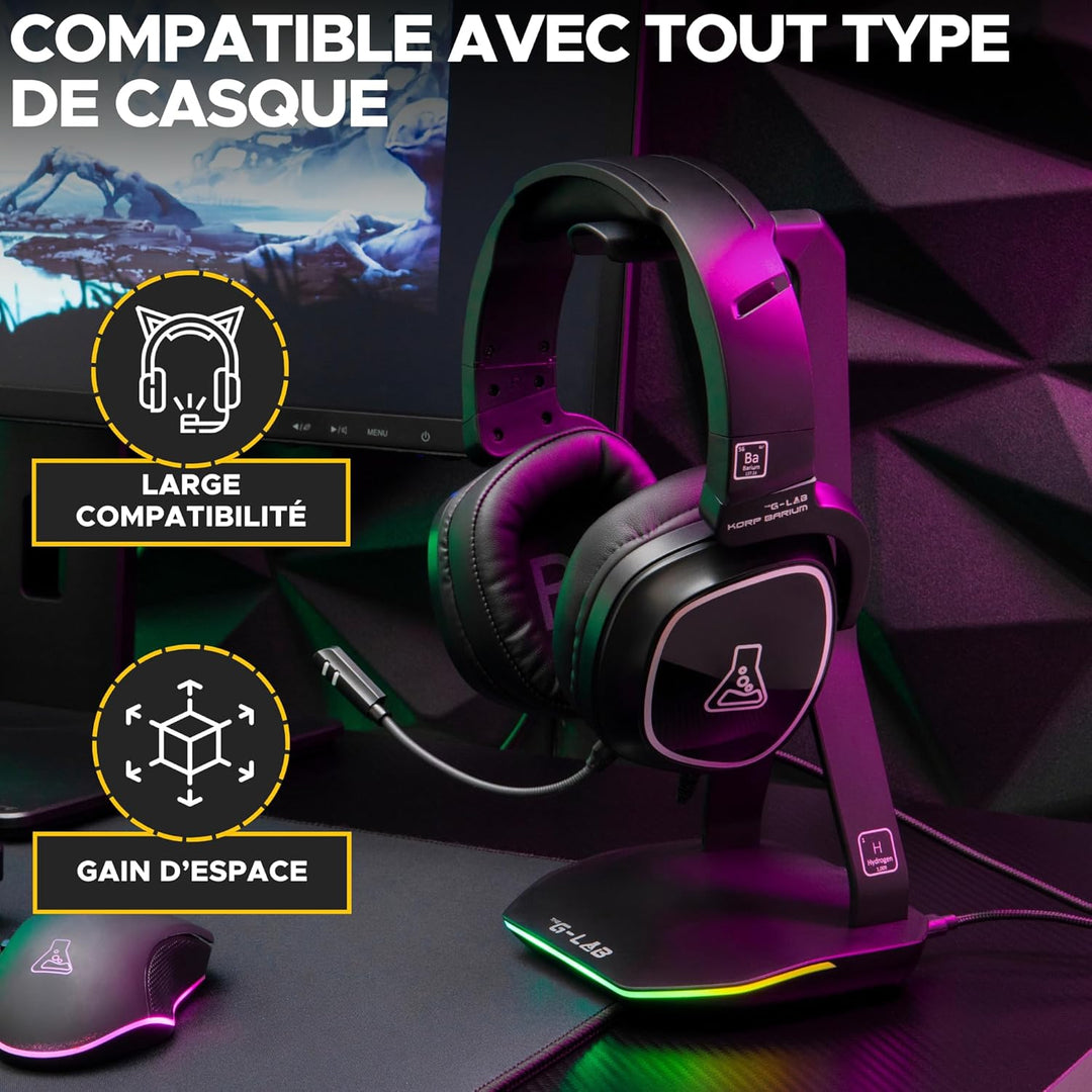 The G-Lab – K-Stand Hydrogen – Gaming Kopfhörer Ständer – RGB mit 7 Farben, EIN/Aus-Schalter, 2X USB