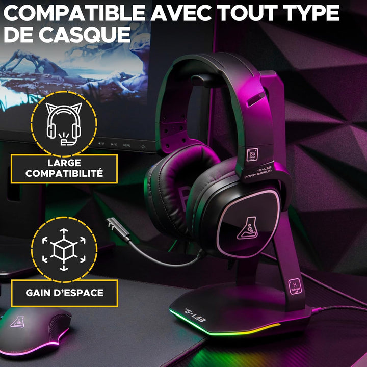 The G-Lab – K-Stand Hydrogen – Gaming Kopfhörer Ständer – RGB mit 7 Farben, EIN/Aus-Schalter, 2X USB