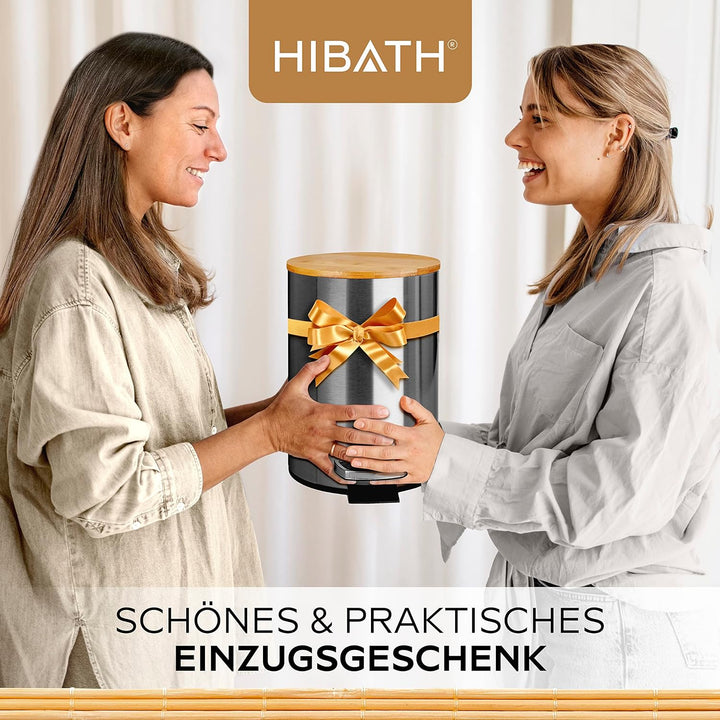 HIBATH® Kosmetikeimer aus Edelstahl mit Bambusdeckel (3 Liter, silber) - Badezimmer Abfalleimer mit