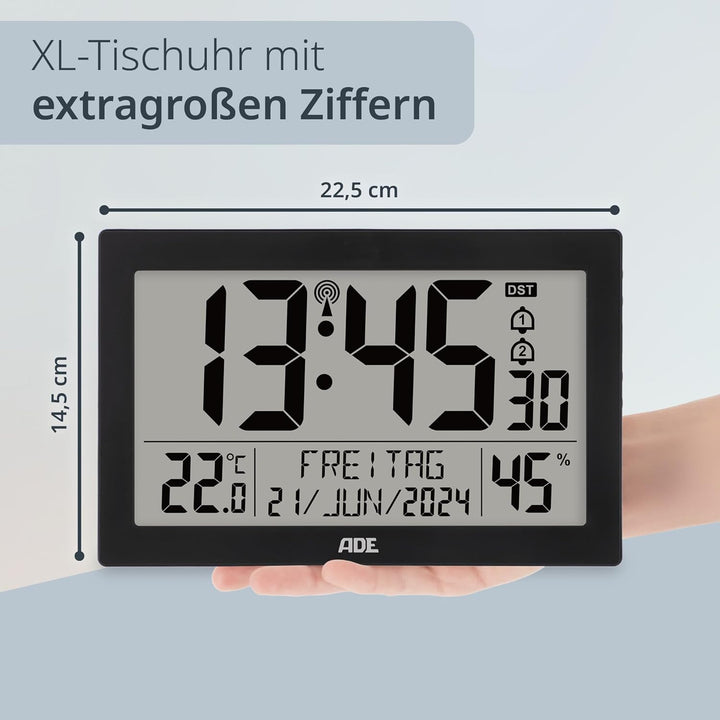 ADE Digitale Funkuhr mit grossem XL-Display | Kalender | mit Temperaturanzeige & Hygrometer | Wanduh