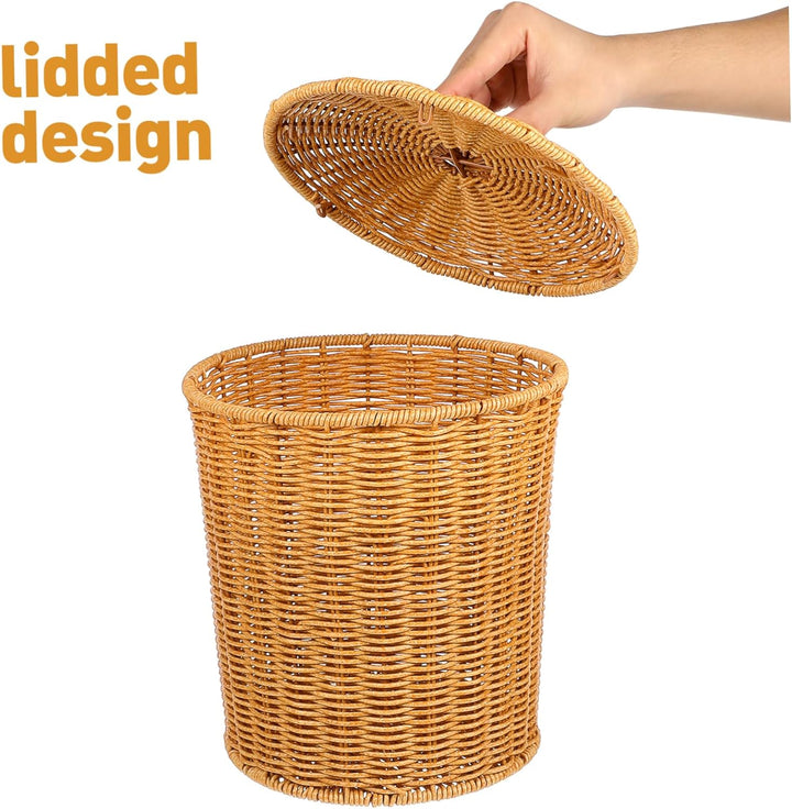 FOMIYES Gewebter Korb mit Deckel, Rattan-Mülleimer, kleiner Müllbehälter, Abfalleimer, Wäschekorb, P