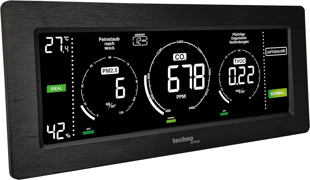 Technoline Luftgütemonitor, farbige Darstellung Co2 und TVOC Konzentration, Anzeige der Feinstaub -,