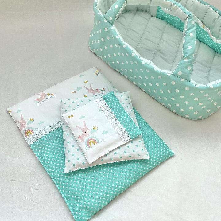 Puppentragetasche für Puppen 45-50 cm mit Bettwäsche, Pastell Grün, Hasen, Polka Dot, Baumwolle, Was