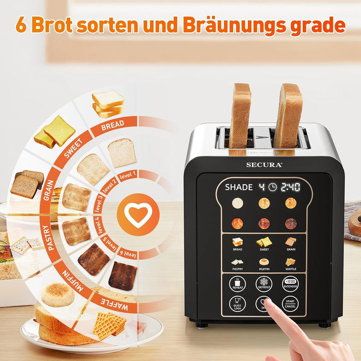 Secura Toaster - 2 Toastschlitze, 6 Stufen und 6 Brotsorten, Automatische Liftfunktion, Brötchenaufs