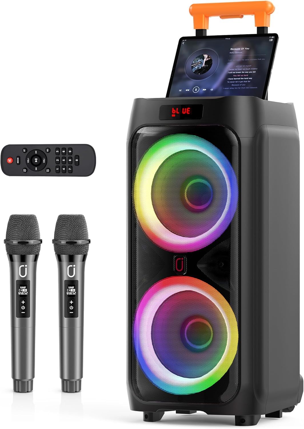 Karaoke Maschine mit 2 Mikrofones, grosser Tragbaren Bluetooth Lautsprecher mit RGB-Licht, Karaoke A