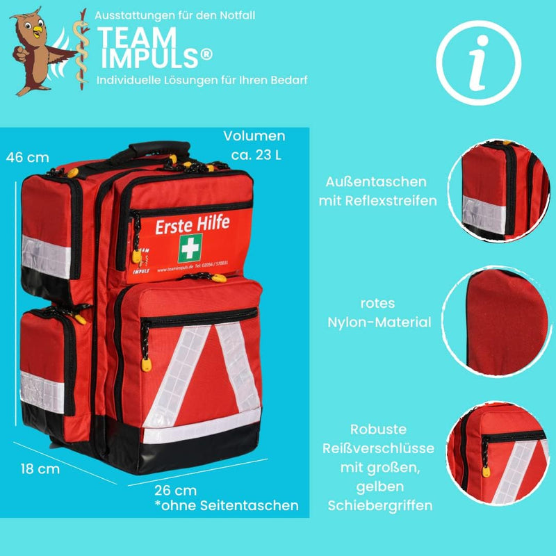 Team Impuls - Notfallrucksack - rot - Nylon - LEER - mit 4 Aussentaschen - Gr. L