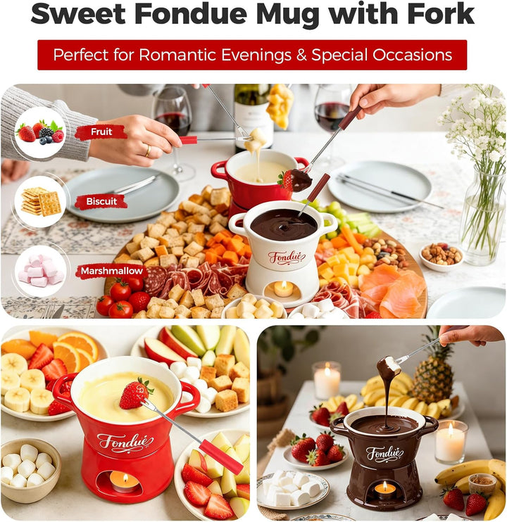 Yoassi Keramik Käsefondue Set, Mini Schokoladenfondue Tasse, Käsebecher mit 4 Gabeln, zum Schmelzen