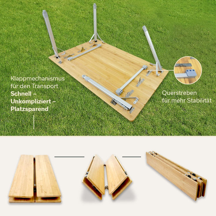 Skandika Bambus Campingtisch Tolja | Faltbarer Tisch mit Netzablage, versch. Grössen, 3-Fach höhenve