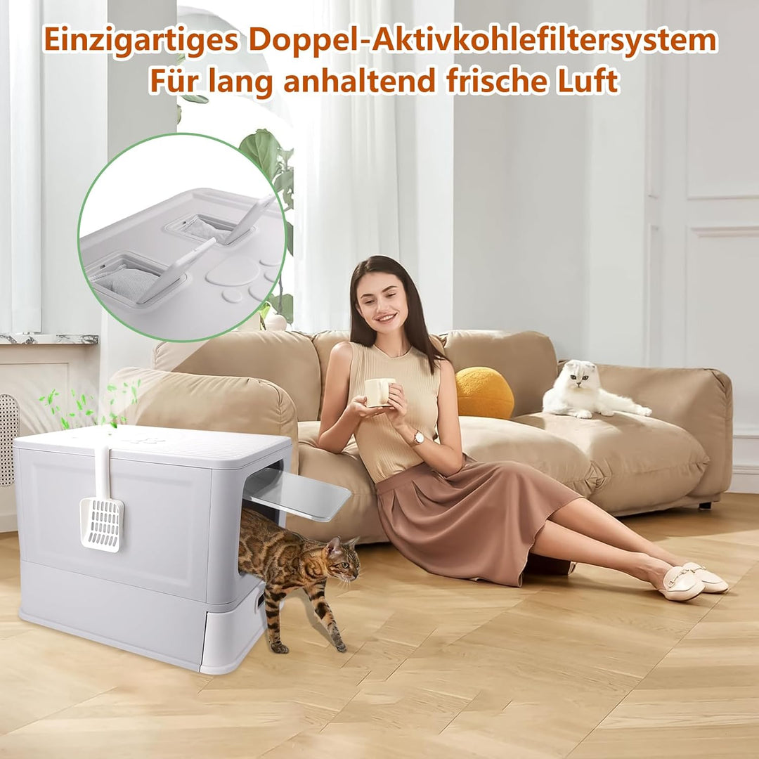 Edelstahl Katzenklo,Faltbare Katzentoilette XXL mit Deckel und Schublade,Geschlossenes Edelstahl Kat