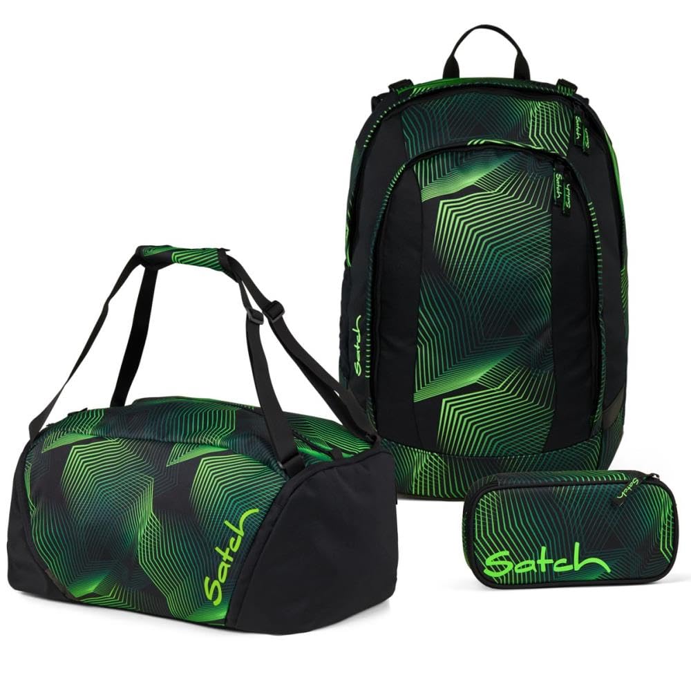 Satch Air Schulrucksack Set 3tlg. inkl. Schlamperbox und Sporttasche Seismic Green, Seismic Green