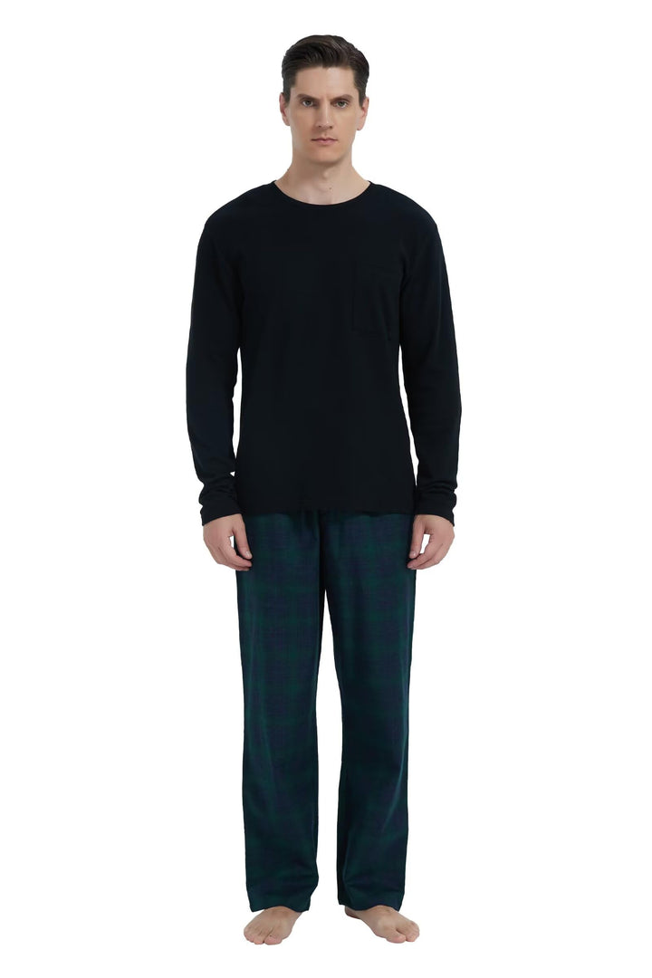GLOBAL Herren Schlafanzüge Flanell Herren Pyjama Set Baumwolle Langarm-Pullover Oberteil und elastis