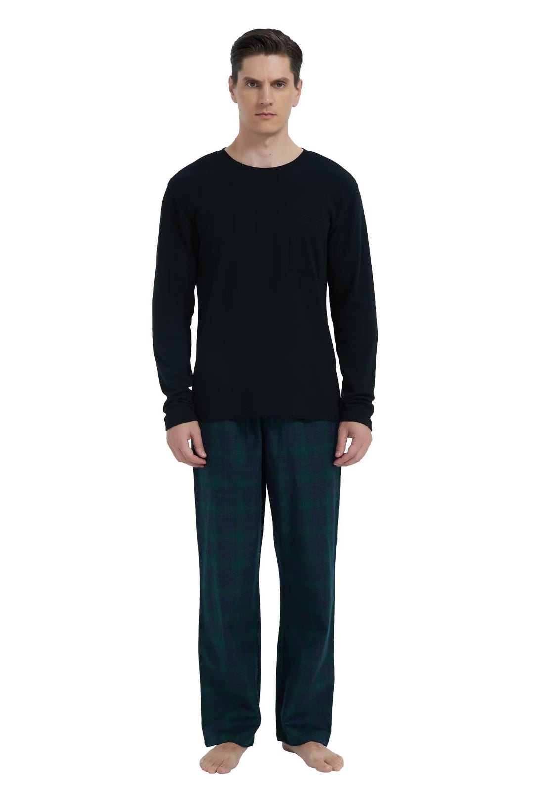 GLOBAL Herren Schlafanzüge Flanell Herren Pyjama Set Baumwolle Langarm-Pullover Oberteil und elastis