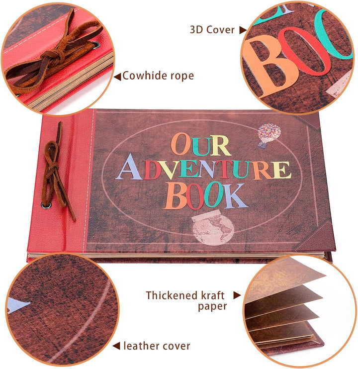 Adventure Book Scrapbook Album Fotoalbum 80 Seiten,3d Lederbezug Cover,Leder Kordelzug,Mit Einer Box