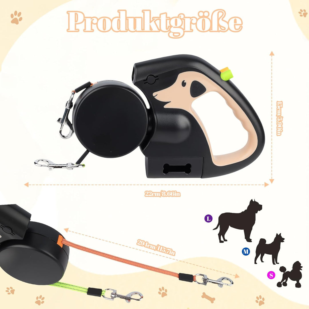 Doppelleine für 2 Hunde, 3 m Ausziehbare Anti-Verwickel-Hundeleine mit 360° Drehung, Rutschfestem Gr