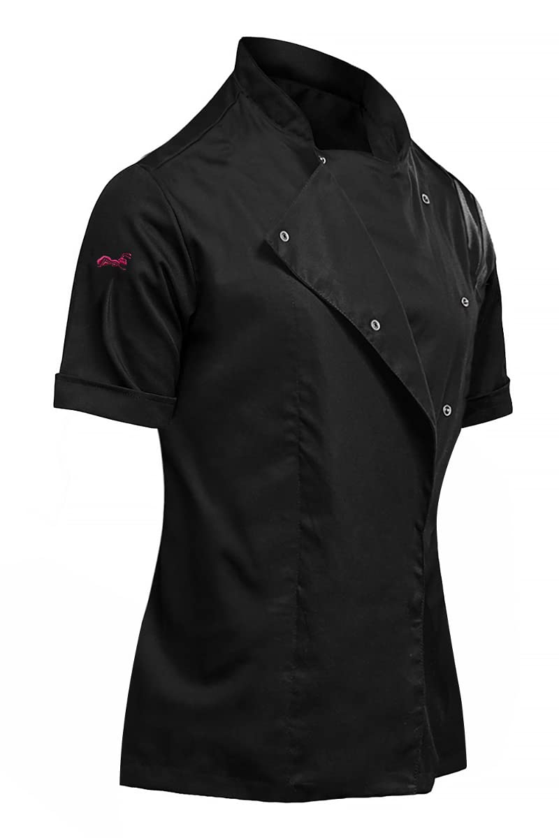 strongAnt Kochjacke Damen Kurzarm Stretch mit Druckknöpfen oder Reissverschluss Kochuniform M Schwar