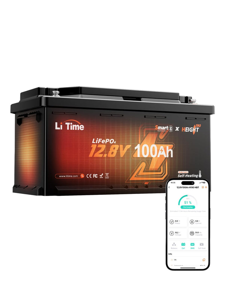 LiTime LiFePO4 12V 100Ah Bluetooth Lithium Batterie - 15000 Zyklen, 200A BMS, 2C Entladung, Smart He