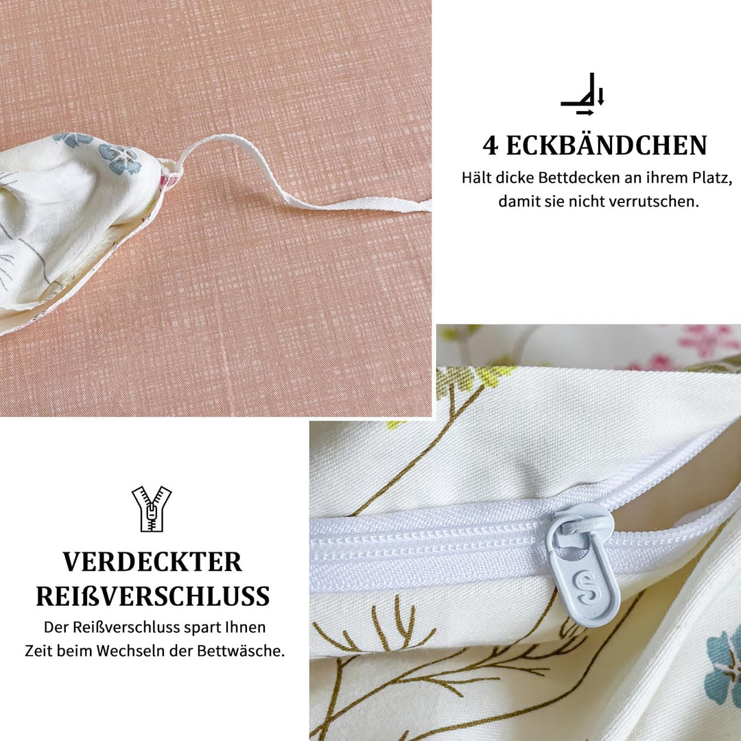 Freyamy Blumen Bettwäsche 155x220cm 2teilig Baumwolle Beige Rosa Bunt Floral Blätter Pflanzen Bettwä