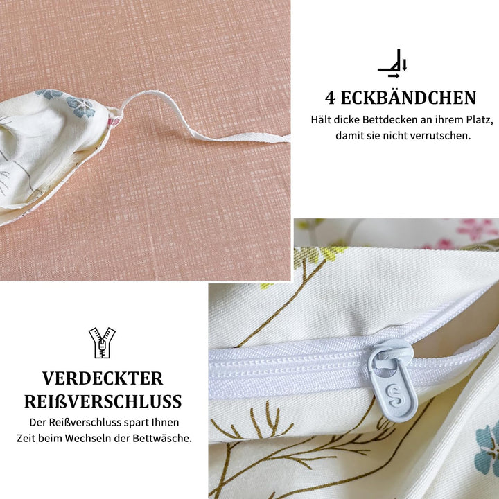 Freyamy Blumen Bettwäsche 155x220cm 2teilig Baumwolle Beige Rosa Bunt Floral Blätter Pflanzen Bettwä