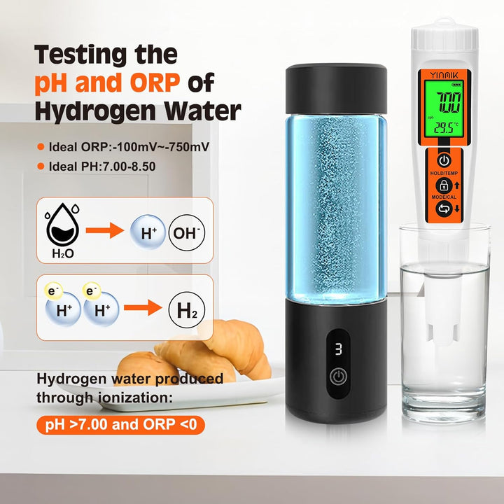 Wasserstoff Wassertester, YINMIK Wasserstoff Wasserflasche, Digitales 4 in 1 pH ORP Messgerät und Wa