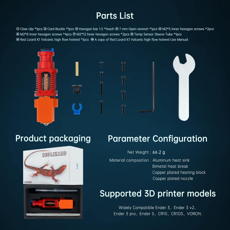 Upgrade bis zu 500 ℃ Red Lizard K1 Volcano All Metal Hotend High Flow Plated Copper Bimetal Heatbrea