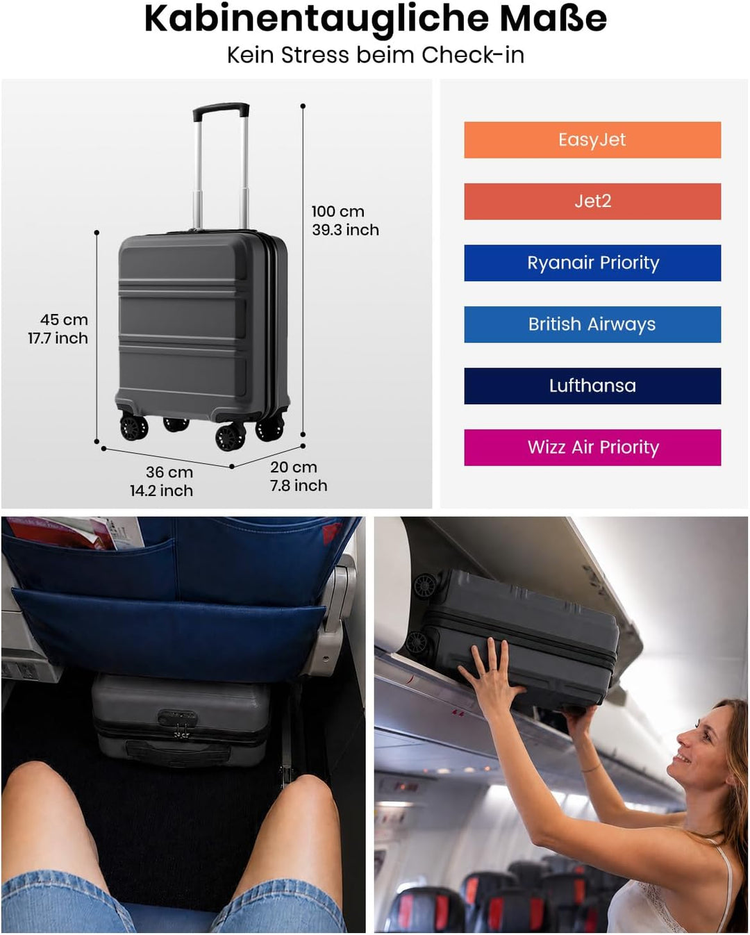 KONO Handgepäck Koffer EasyJet 45x36x20 ABS+PC Hartschale, Grau | Leichte Kabinenkoffer für Flugreis