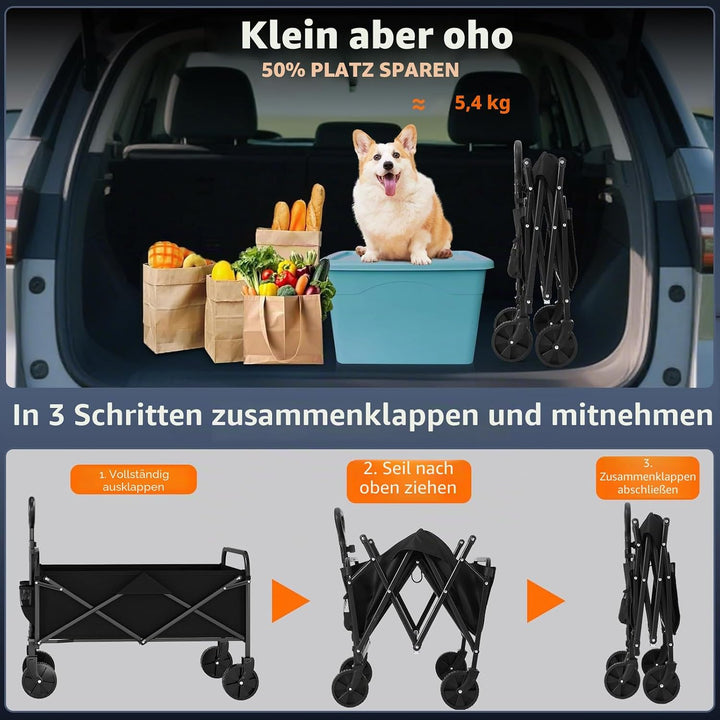 220L Faltbarer Schwerlast Bollerwagen, 172kg-200kg Traglast Transportwagen mit 360°Geländerädern,Sta