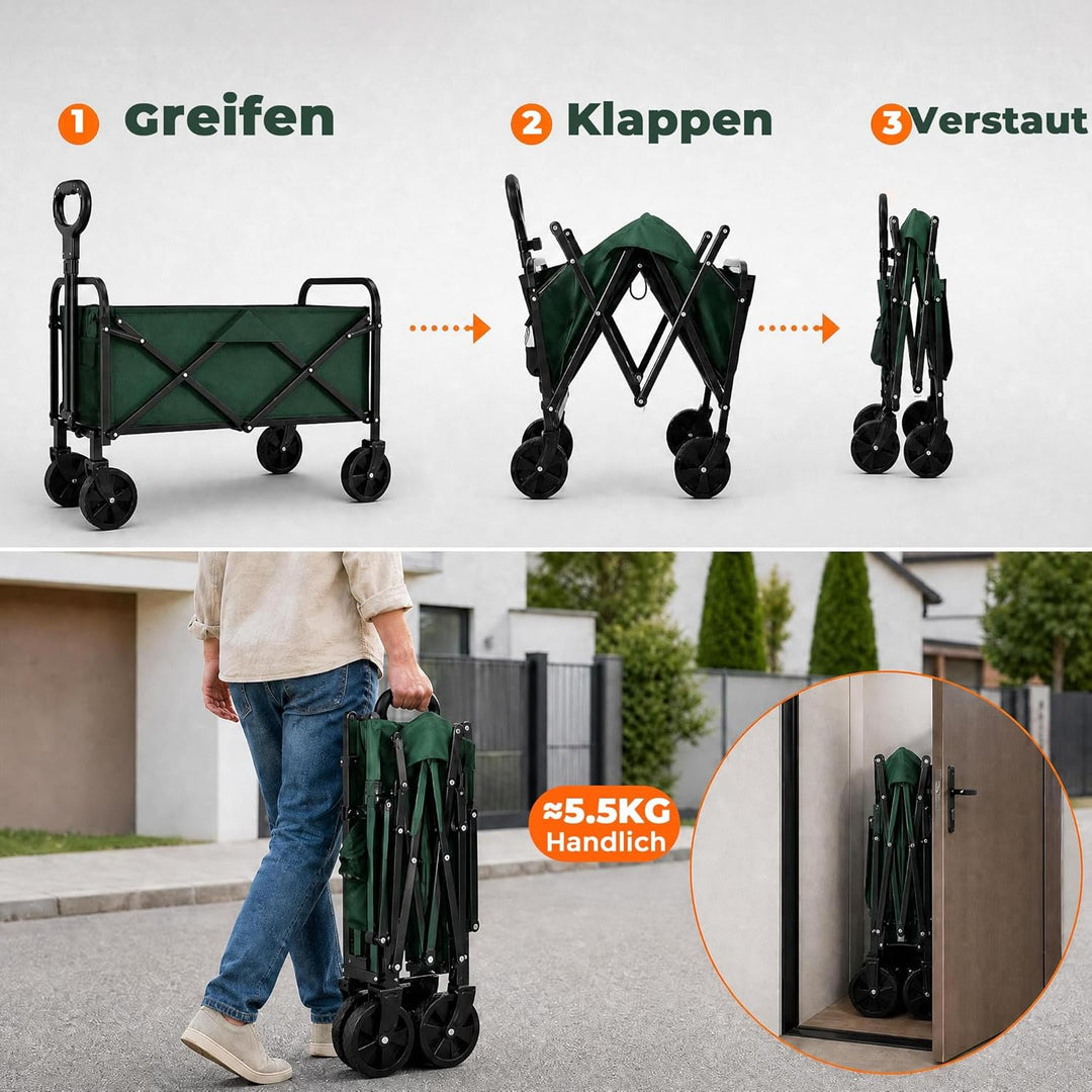 Garvee Bollerwagen Faltbar 220 L, Handwagen bis 172 kg, 600D Oxford + Stahlrahmen, 5-Zoll All-Terrai