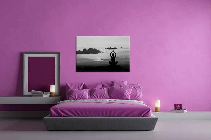 deyoli Yoga Meditation am Meer Format: 80x60 Effekt: Schwarz&amp;Weiss als Leinwandbild, Motiv fertig ge