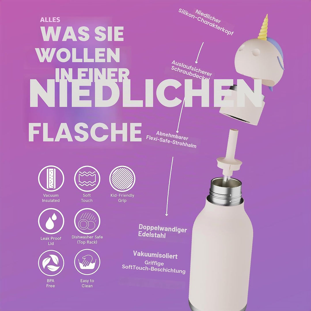 ASOBU Bestie Kindertrinkflasche mit Strohhalm – Isolierte Edelstahlflasche 420ml mit Einhornkopf – A